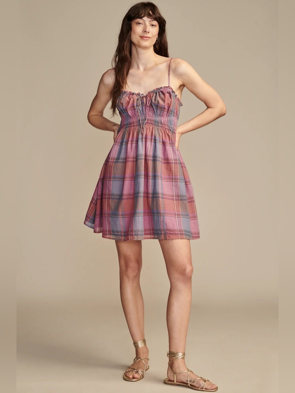 NWT Lucky Brand Mellow Mauve Plaid Smocked Sweetheart Mini Dress Women's Size M
